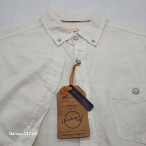Weatherproof Vintage Mens Linen Cotton Blend Button  Shirt M White Short Sleeve